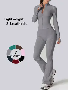 Women's 2 Piece Workout Set Solid Color Zip Up Long Sleeve Jacket with Thumb Holes Cooling Breathable Four Way Stretch High Waist Butt Lifting Tummy Control Flare Yoga Set for Gym, Running, Cycling, Gym Yoga Outfits