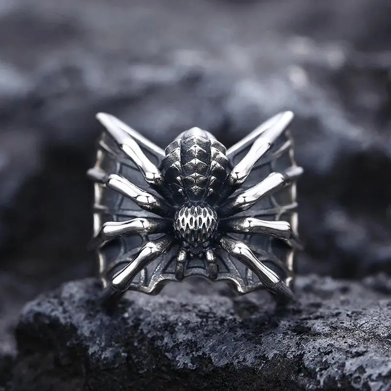 Vintage Gothic Spider Webs Lizard Animal Ring For Men Antique Silver Color Wide Opening Ring Punk Jewelry Party Gift