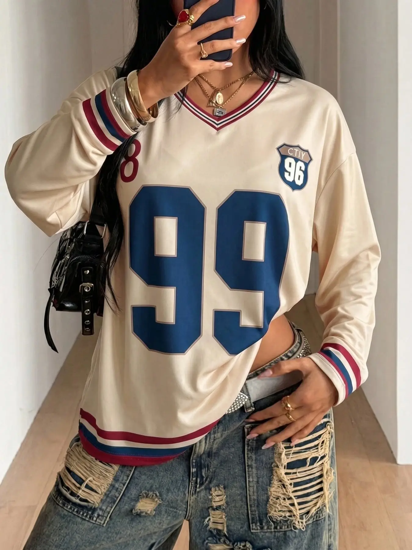 American Vintage 99 Large Number Colorblock Print Long Sleeve Top, Y2K Style, Loose-Fitting, All over Print, V Neck Sweatshirt