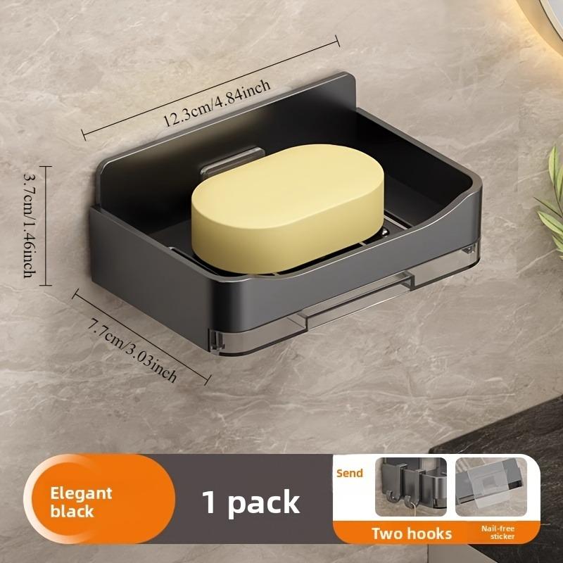 Wall-Mounted Soap Dish with Drain Tray & Hook, No-Drill Adhesive Soap Holder, Durable Plastic Bathroom Organizer, Space-Saving Soap Storage for Shower & Sink, Easy Clean Bathroom Accessory