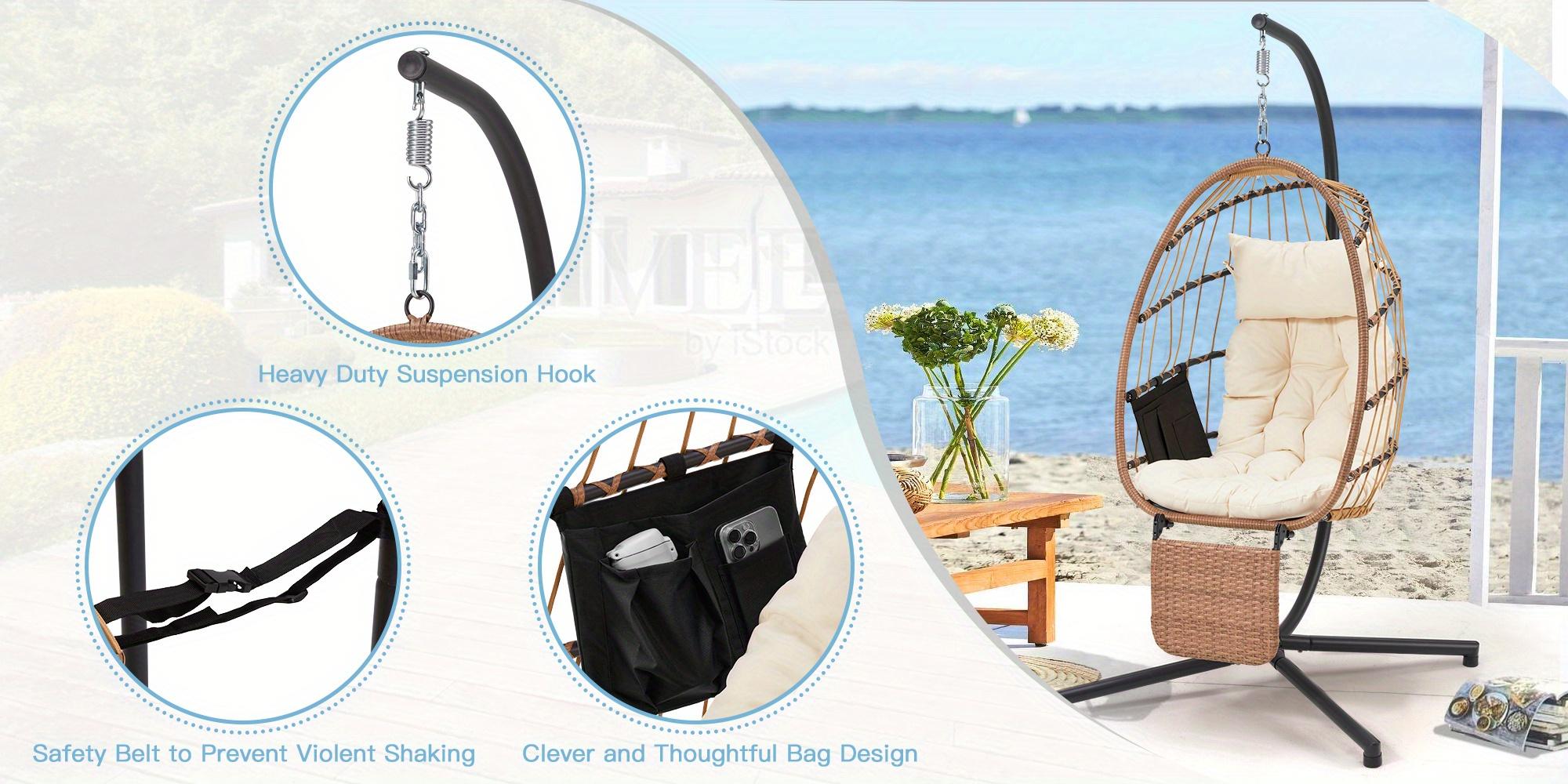 Hanging Egg Chair for 1, with Stand & Removable Leg Rest, Foldable Indoor/Outdoor Swing Chair, Including Cushion and Pillow, Patio Wicker Swing, Hammock Chair for Patio, Bedroom, Balcony, Beige