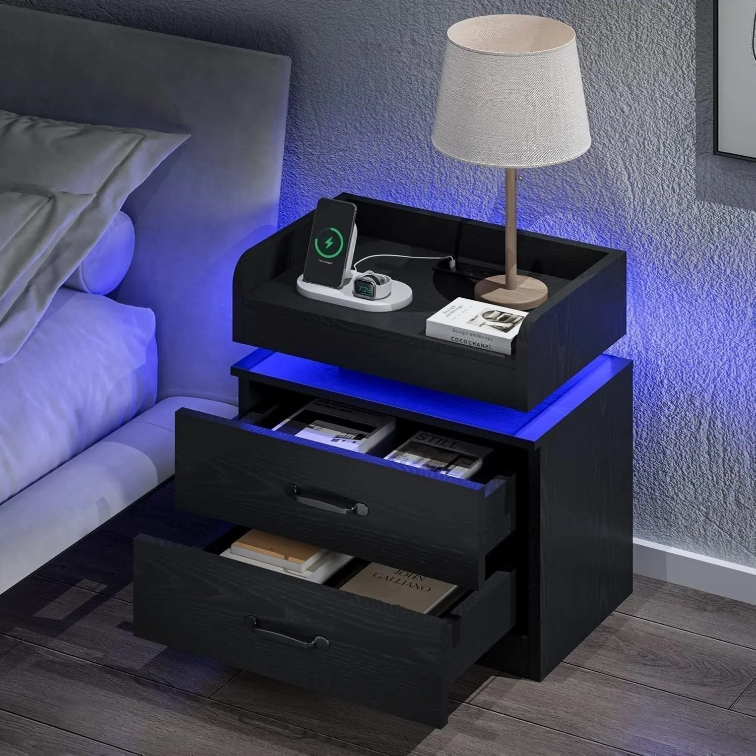Black Night Stand with LED Lights and Charging Station Modern Bedside Table with Storage Drawers End Table for Bedroom