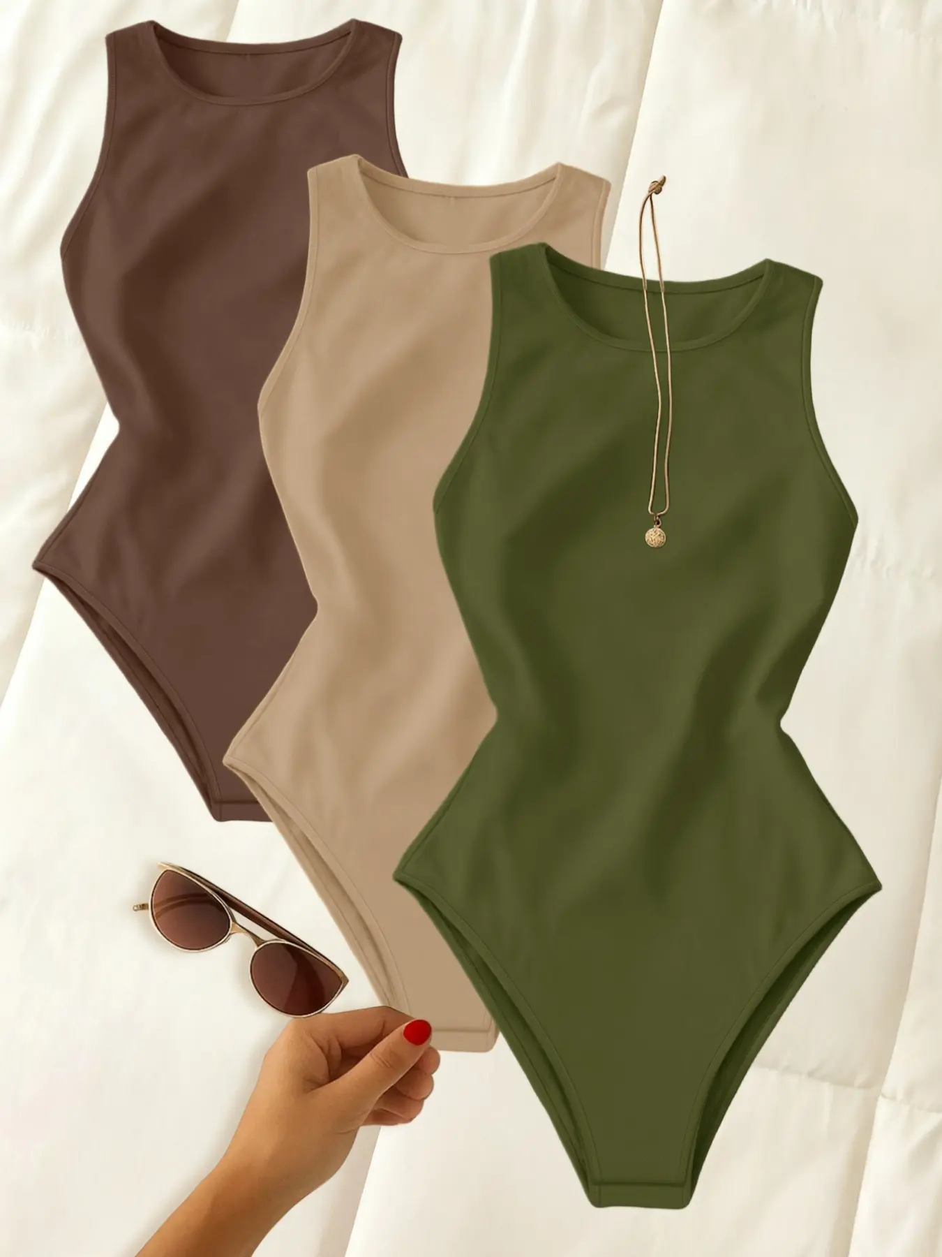 Women's 3-Piece Sleeveless Round Neck Jumpsuit, High Elastic Slim Fit, Plain Color Basic, Wearable Outdoors and Indoors, Daily Underwear Set