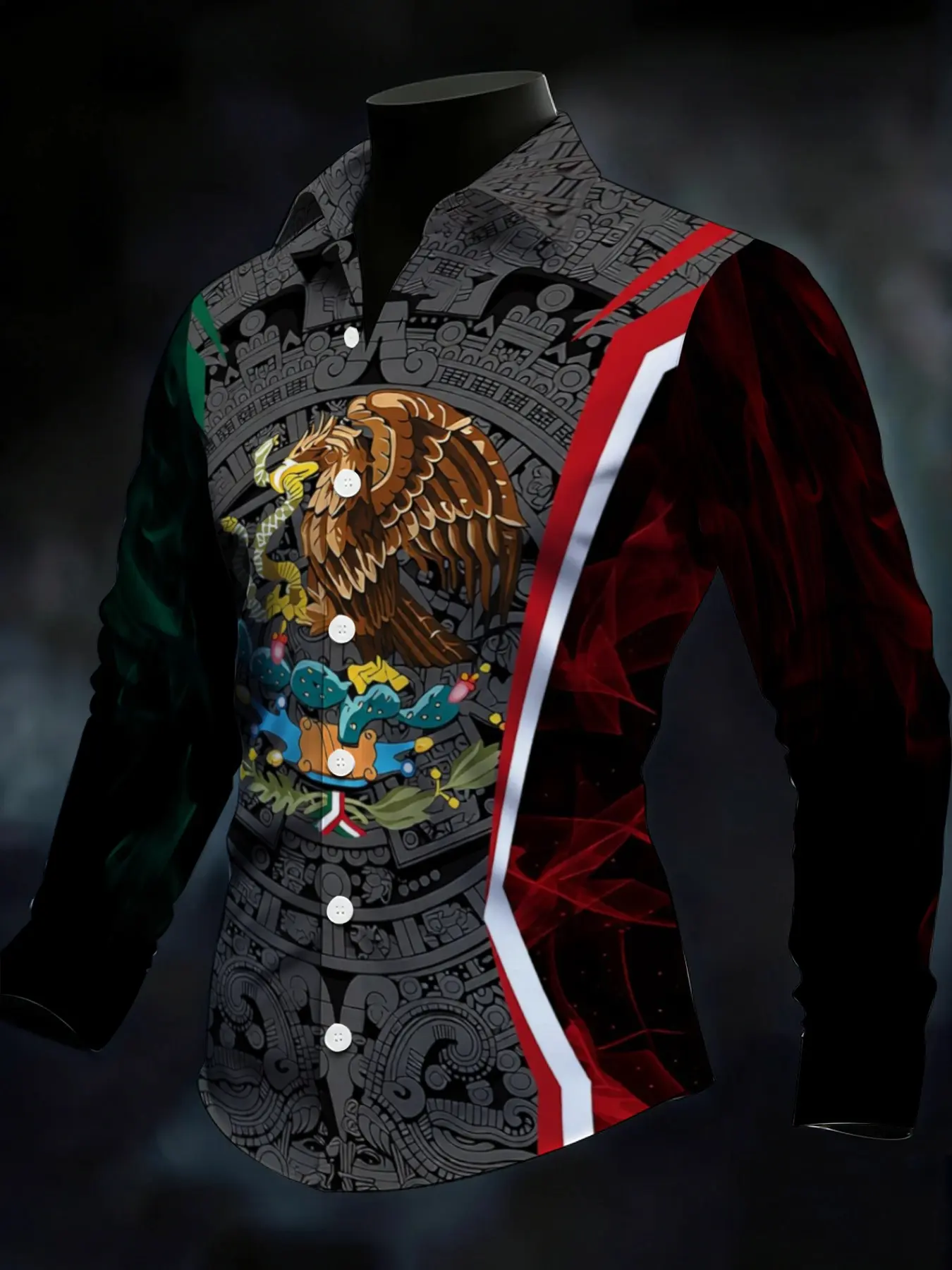 Men's Long Sleeve Shirt Mexican Cultural Totem Print Black Background with Red Green White Elements Fashion Casual Loose Collar Top, Football Game Day Casual Outfit For Mexican FansSoccer Fan Ethnic Retro Printed For Party Sports