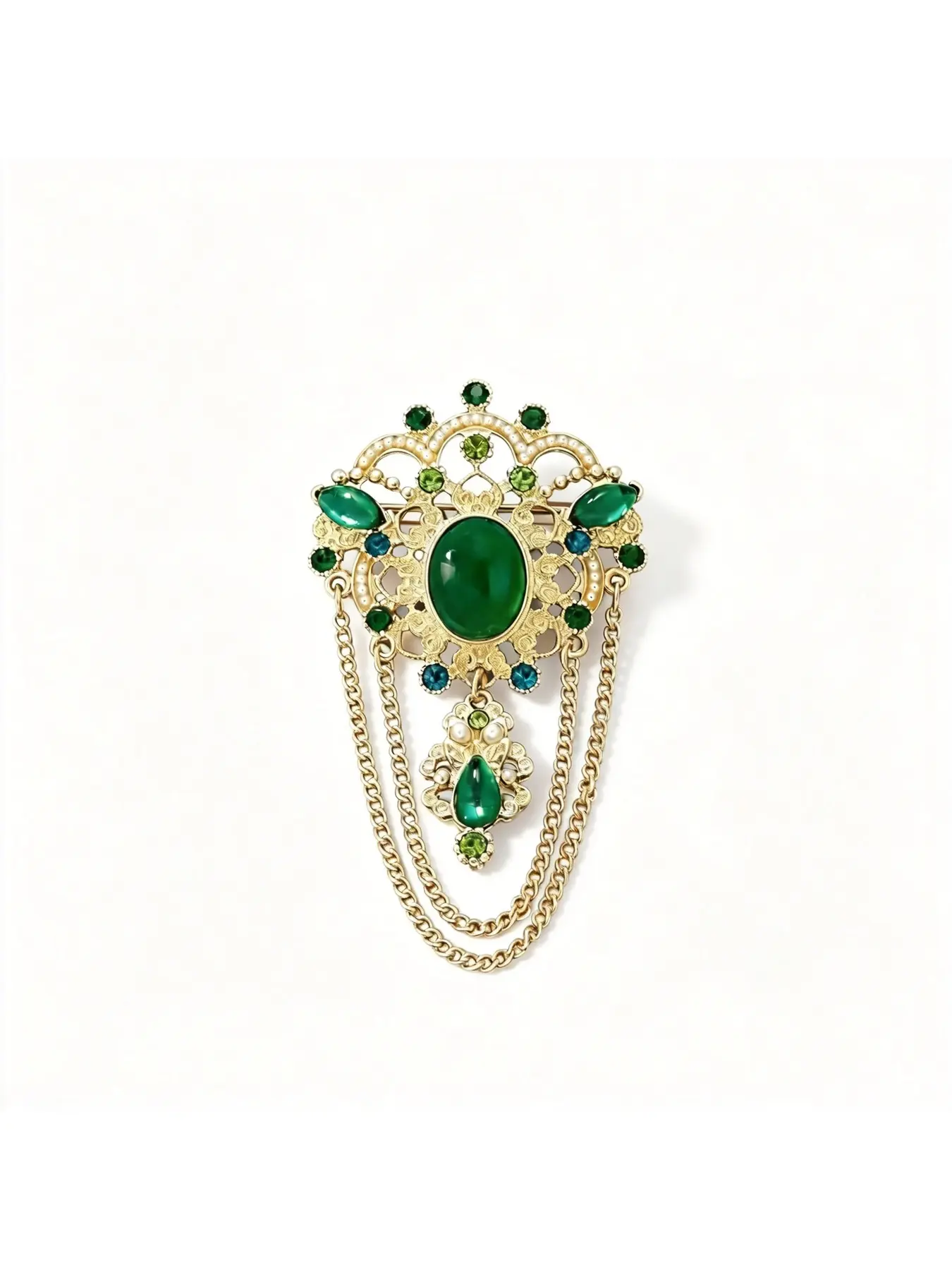Vintage European & American Heavy Craft Emerald Tassel Brooch, Premium Elegant Court Style Lapel Pin, Luxury Jewelry for Qipao & Suit for Women