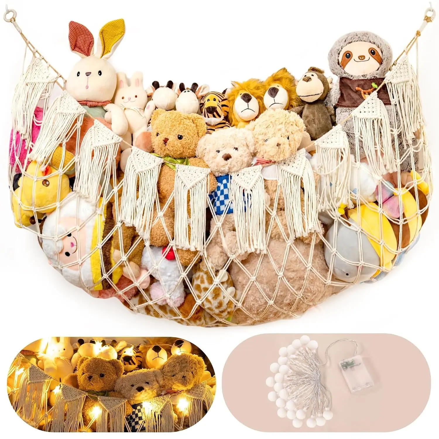 Boho XL White Stuffed Animal Hammock, Wall or Corner Hanging Plushie Net with LED Lights, Corner Toy Organizer for Kids Bedroom, Nursery, Playroom & Dorm(Gift)