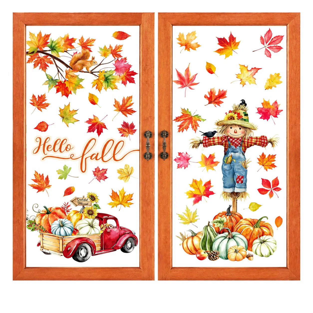 Bulk Pack of Static Cling Thanksgiving Decorations Featuring Pumpkins, Maple Leaves, and Scarecrow Designs for Windows, Glass Surfaces, and Holiday Home Styling — Reusable, No-Residue Adhesive Festive Stickers