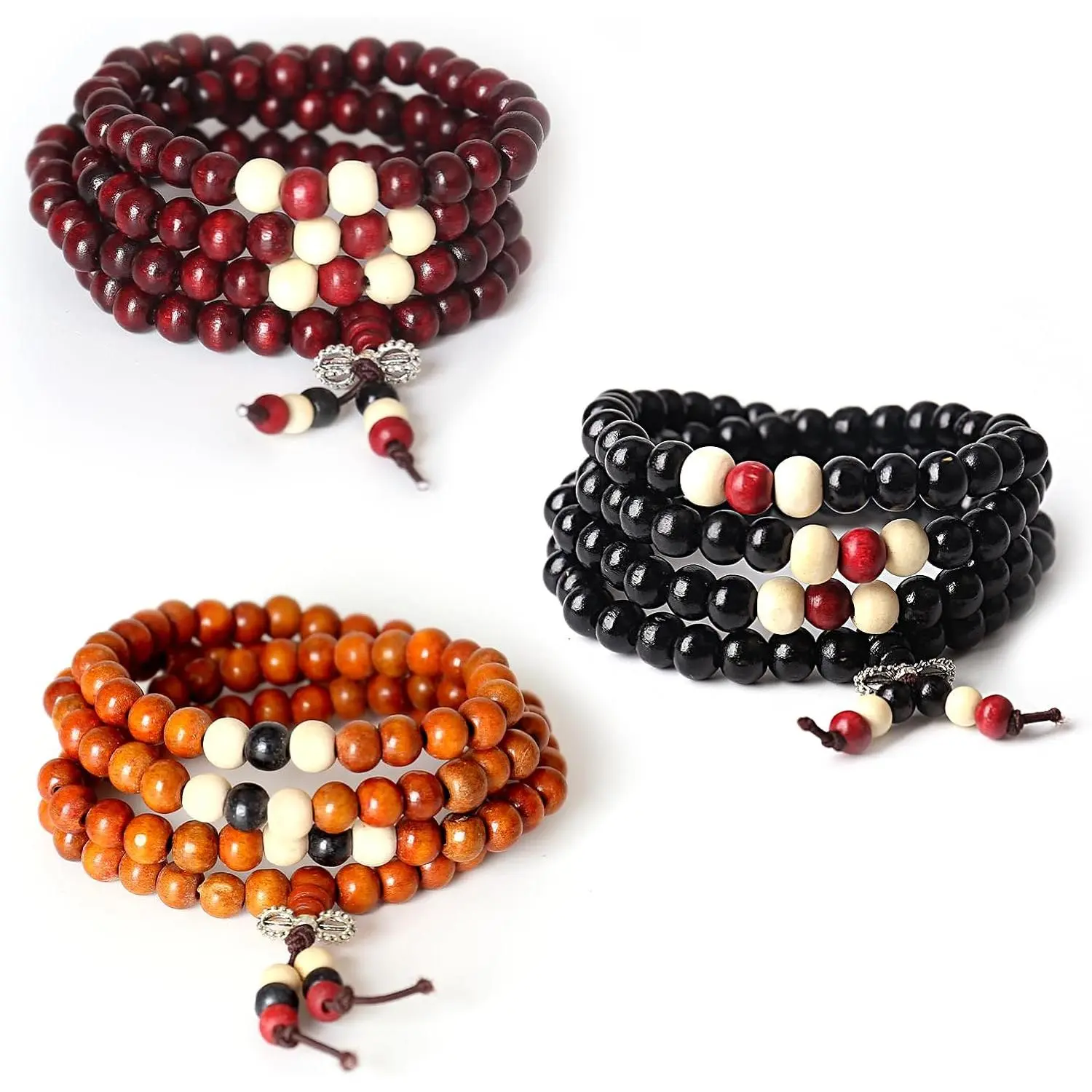 Wooden Necklace 108 Mala Beads Bracelets Meditation Necklace 3 count | 108 Mala Beads Bracelets Meditation Necklace 3 count 8mm  Prayer Beads Buddhist Wooden Necklace for Men and Women