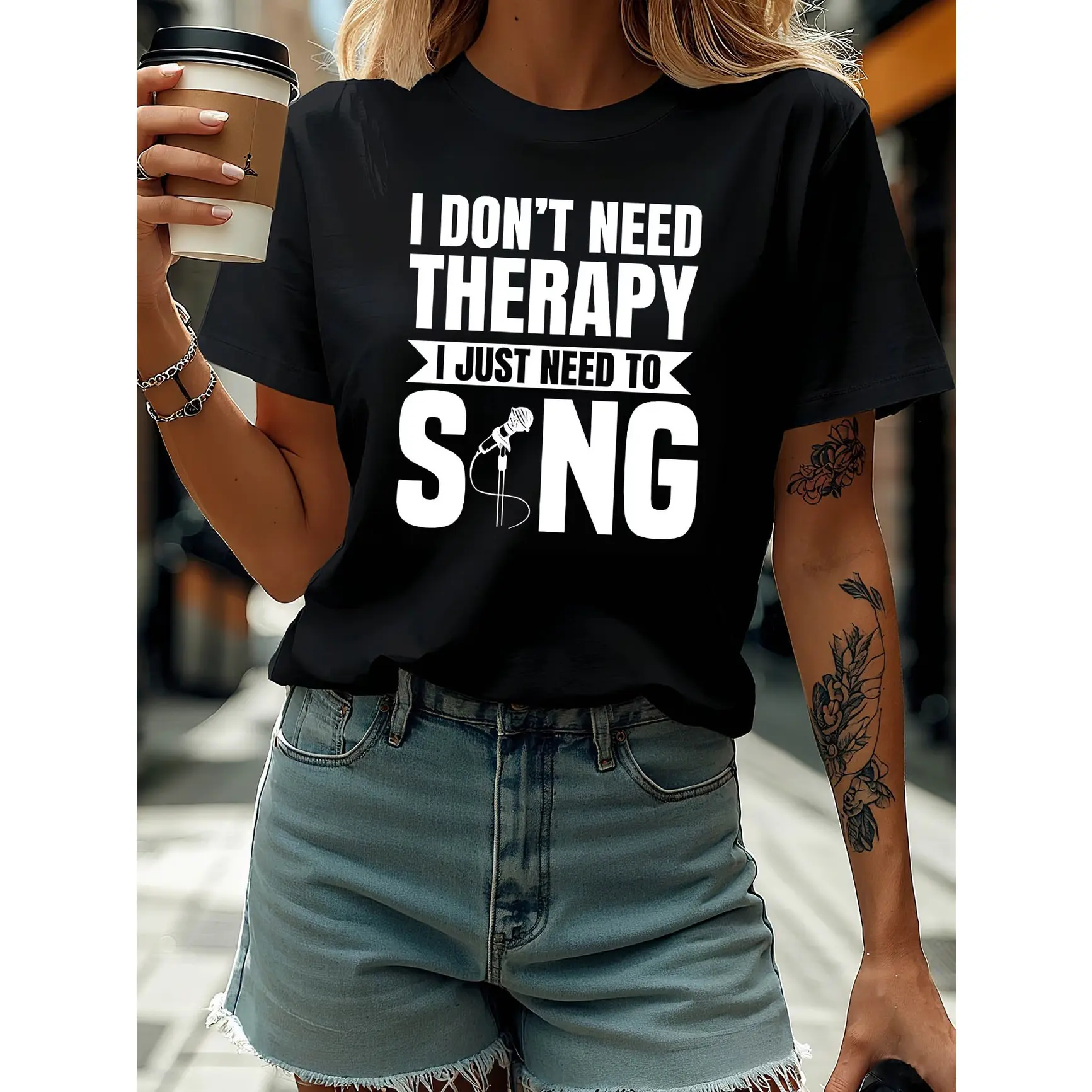 I Don't Need Therapy I Just Need To Sing Microphone Graphic Oversized Cotton T-Shirt, SummerVibes,Music Lover Fashion Comfort Outfit Tee, Perfect Valentine Birthday Gift For Singers Music Friends