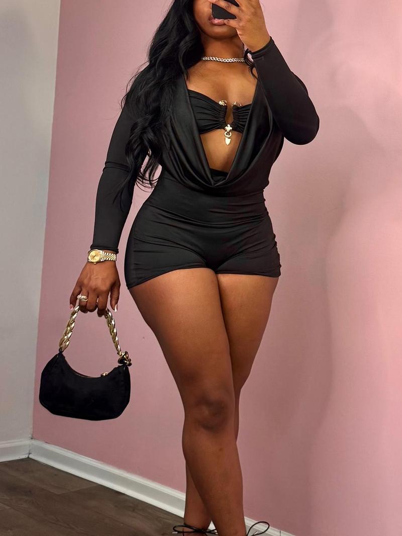 DOUCIU Women's Solid Color Simple  All-match Cool Metal Decor Cut Out Romper Casual Street Fashion Long Sleeve Romper for Nightclub Music Festival Ladies Summer Clothes