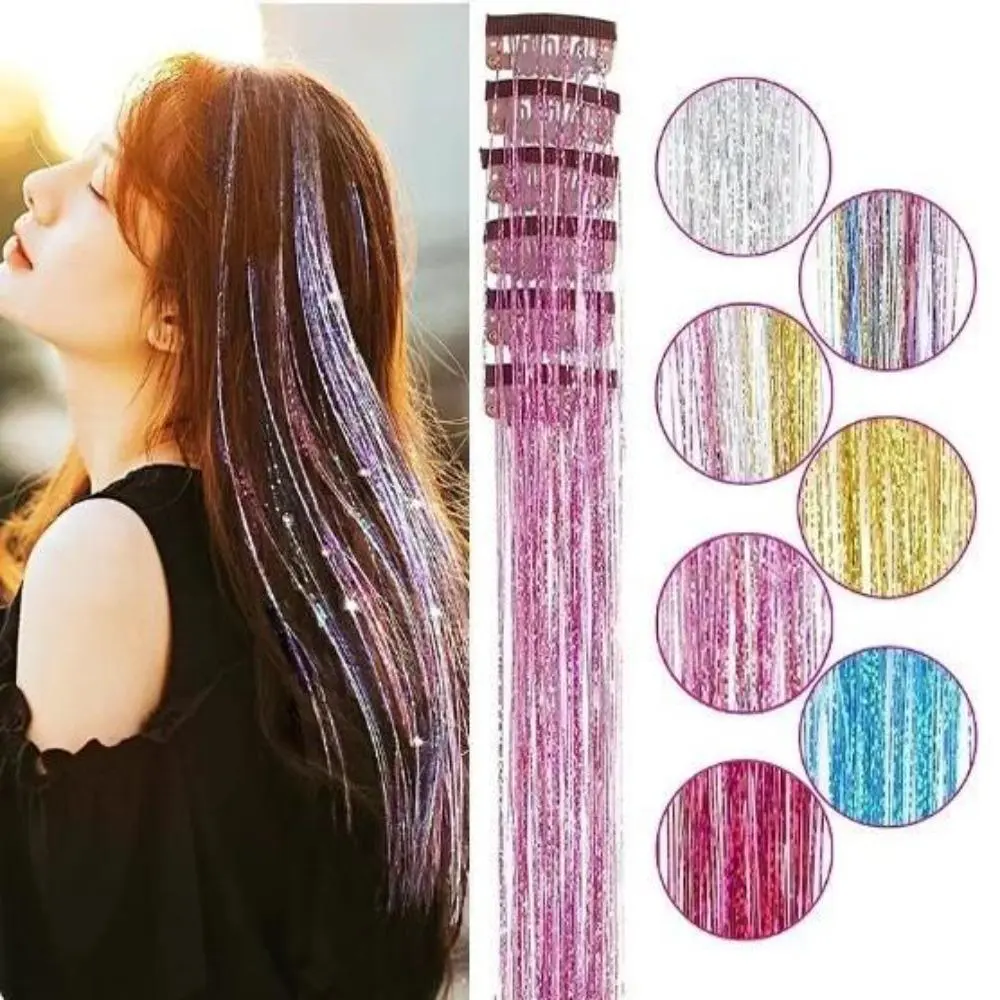 12 Pcs Clip In Hair Extensions with BB Clips, Holographic Gold Tinsel Straight Hair Pieces, Shiny Glitter Highlight Hair Streaks for Festival, Party & Daily Hair Styling