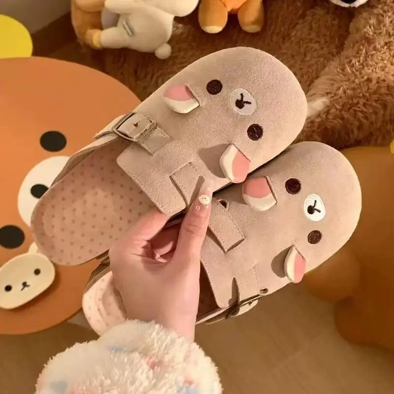 2025 Rilakkuma Anime-Themed Casual Walking Shoes for Women, Retro Half-Baotou Design, Thick Bottom, Cartoon Bear Sister Shape Figurine