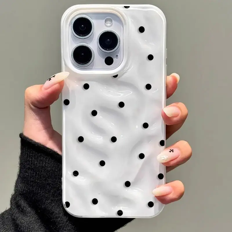 TPU Protective Phone Case for iPhone 11/12/13/14/15/16/17 Air/Pro Max - Cute Wavy Glossy Soft, Minimal Vintage Black Polka Dot, Shockproof Aesthetic Cover fashionable high-end