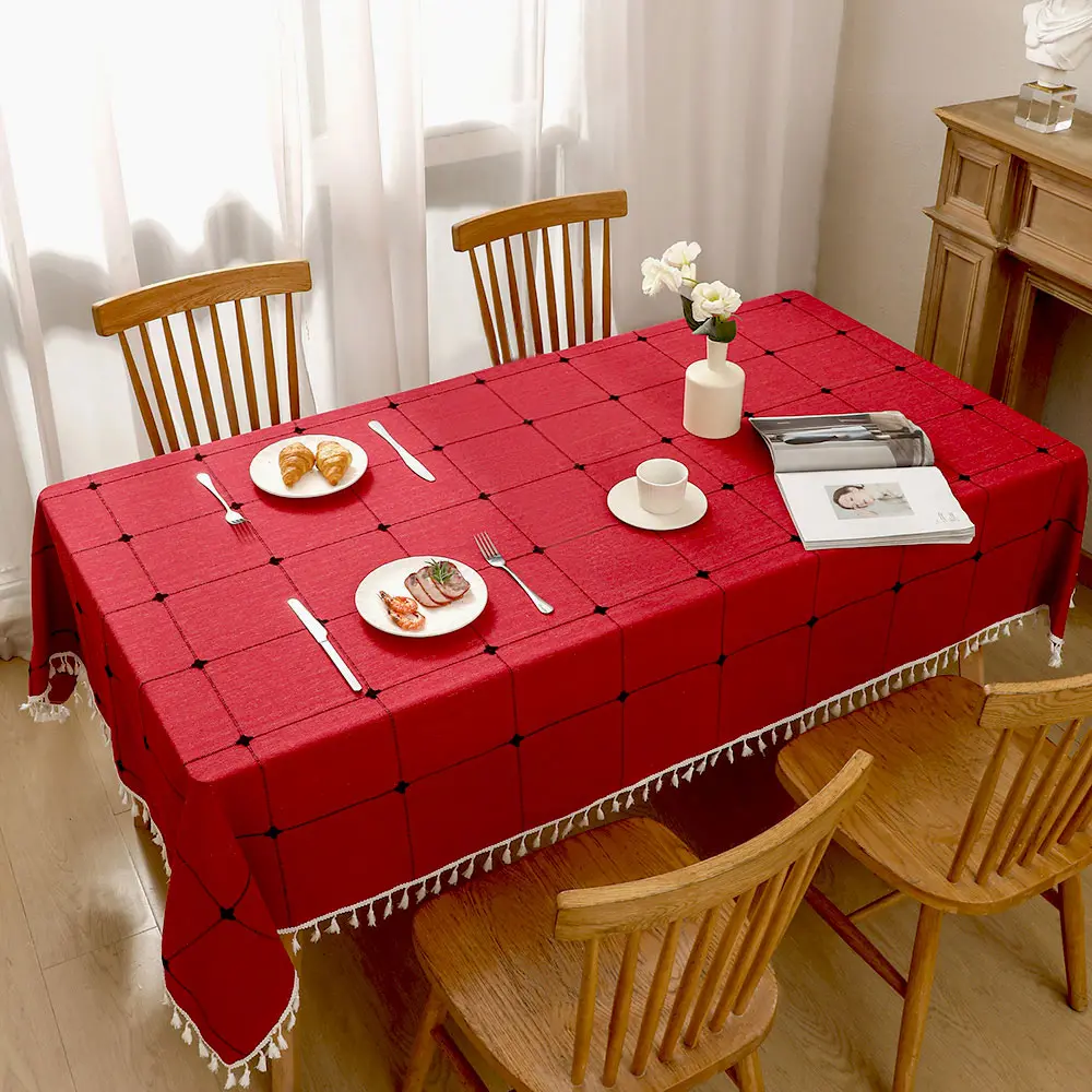 55X86" In Thick Cotton Linen Tablecloth, Vintage Tassel Edge, Machine Washable, Wrinkle-Resistant, Wrinkle-Free, Rustic Farmhouse Kitchen Linen for Holiday Table, Camping