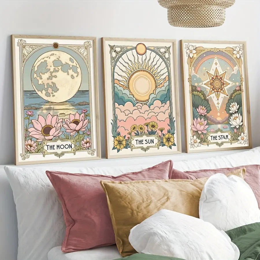 Set of 3 Vintage Sun Star Moon Tarot Art Print, Retro Floral Botanical Wall Art, Boho Flower Canvas Posters, Celestial Wall Decor, Astrology Gift for Living Room, Bedroom, Kitchen, Office, Cafe, Bar, Dorm, Hallway, Home And Room Decoration, Unframed