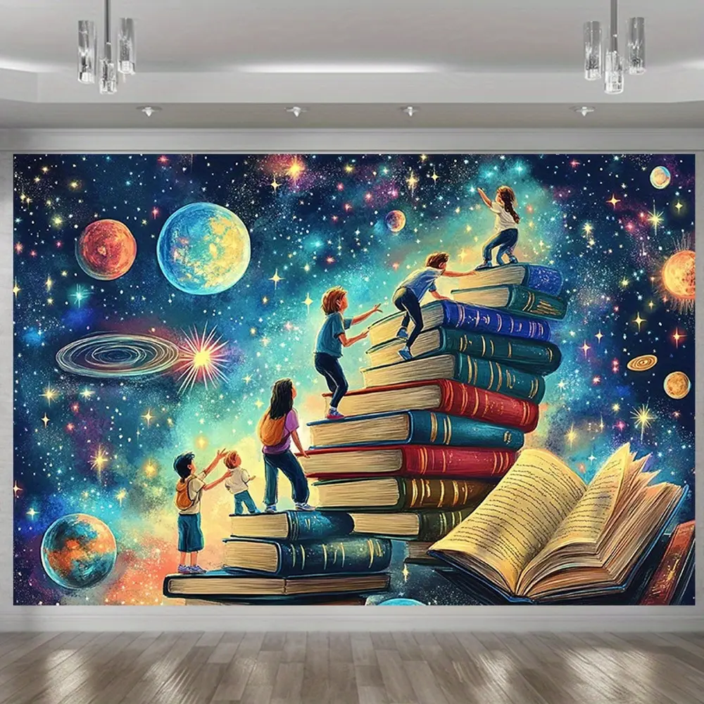 2D Flat Banner HD digitally printed polyester photography backdrop, space and book climbing adventure themed background cloth, soft lightweight foldable fabric, suitable for product photography, portrait shooting, video studio rec