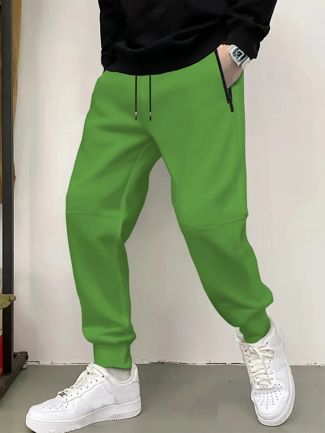 Men's Casual Slim-Fit Pants, Elastic Waist with Drawstring, Zip Pockets, Solid Color Knitted Joggers, All Season Workout Wear