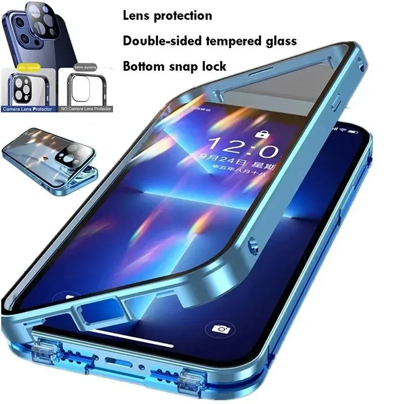 Metal Magnetic Double Sided Glass Case For iPhone 17 16  15 14 13 12 11 Pro Max 15 Plus 360° Full Protection Snap Lock Bumper Cover