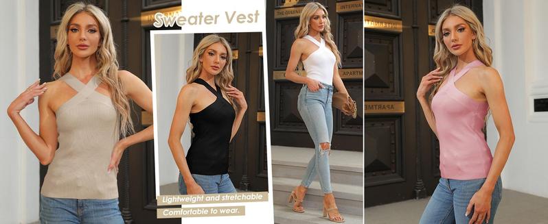 Imily Bela Womens Criss Cross Halter Sweater Vest Tops Summer Sleeveless Pullover Casual Lightweight V Neck Knit Tank Top Black Minimalist tank tops