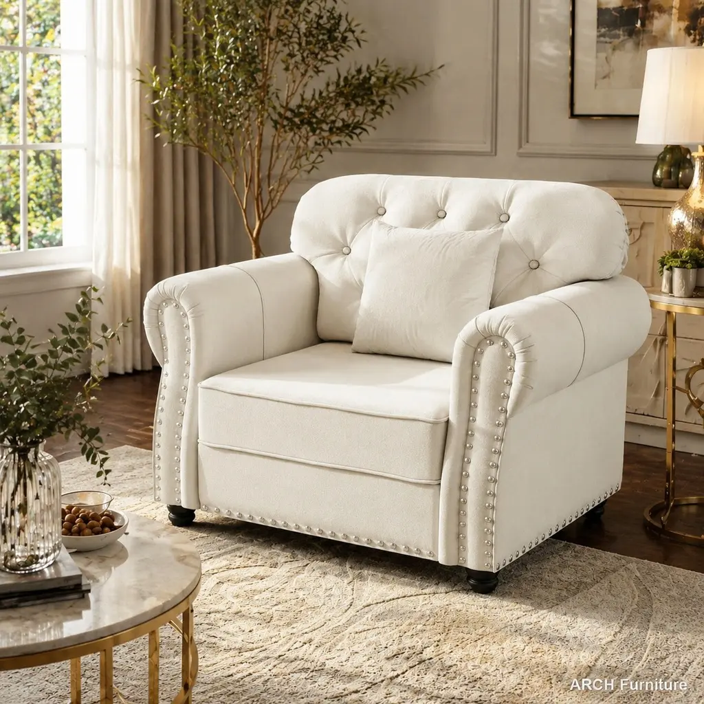 Mid-Century Modern Velvet Upholstered Chesterfield Single-Seater Sofa – Configurable, Durable Solid Wood Frame, High-Density Fill, Tufted Buttons, Nailhead Trim, Rolled Arms, Beige White, Indoor Living Room Furniture, Sponge, 41.3"W X 29.9"D X 33.8"H