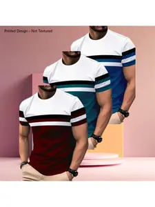 3-Pack Men's T-Shirts, Fashion Striped Round Neck Short Sleeve, Slim Fit, Summer Casual Sporty Top, Versatile Long T-Shirt