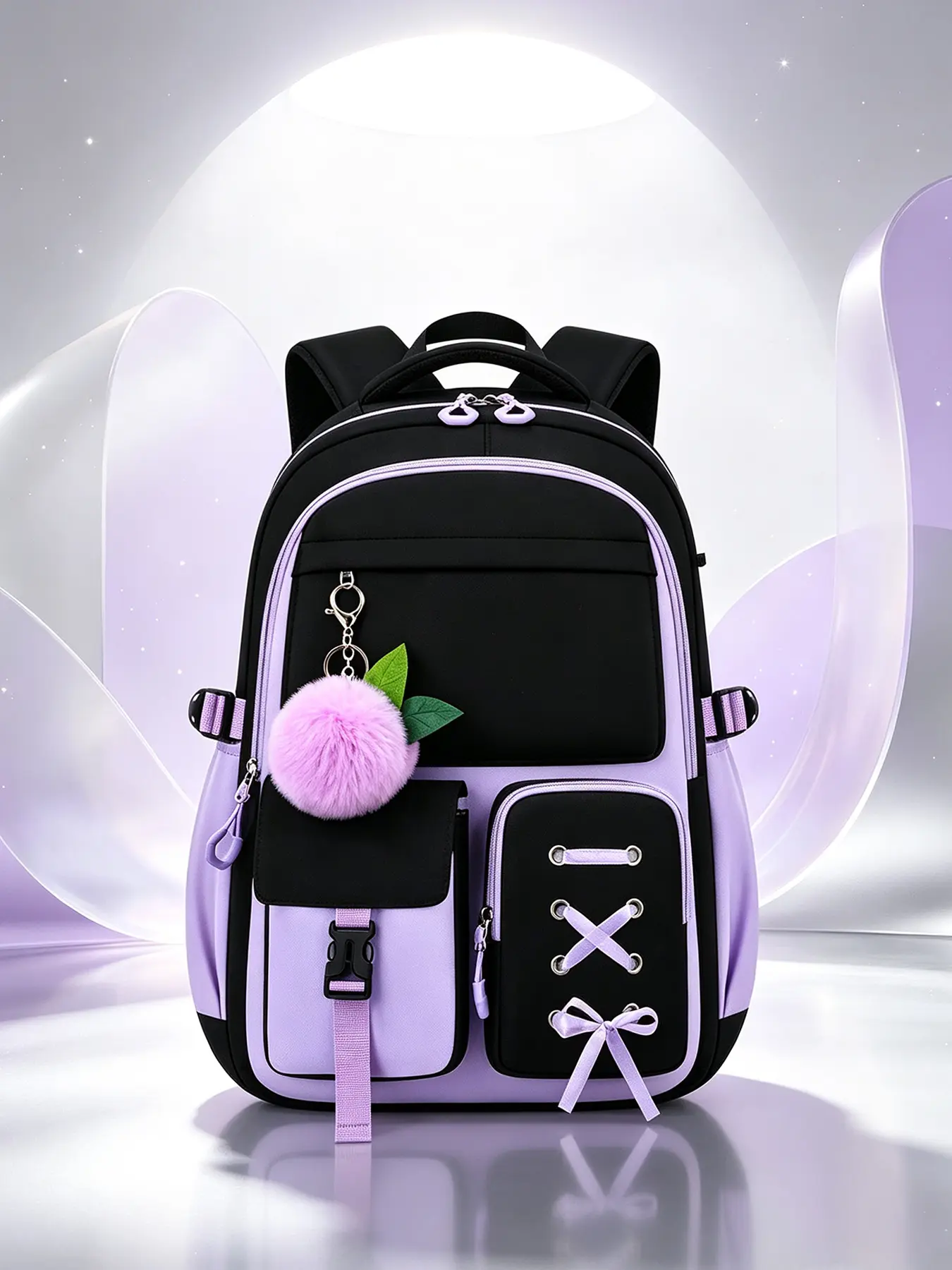 1Pc Black Lavender Color Block Backpack Lace-up Bow Front Pocket Detachable Fluffy Pom Pom Charm Mesh Padded Shoulder Straps Multi Zip Compartments for Campus Study Weekend Trips Daily Casual Outings