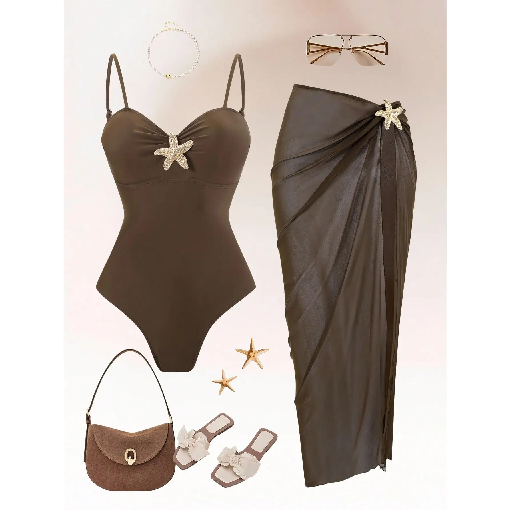 Women's 2026 New 3-Piece Solid Color Mesh Top & Starfish Printed Bikini Set, Fashion Beach Swimwear with Mesh Skirt, Spring Glow Swimsuits,chic design,mesh top,sport bra