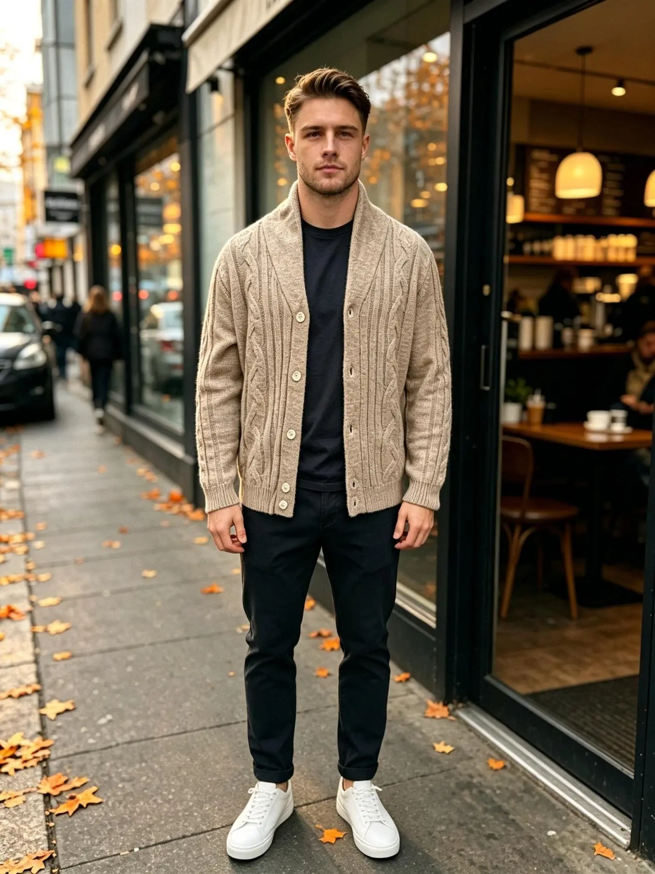 Men's Knit Cardigan, Chunky Knit Pattern, Classic Cable Design, Large Collar, Casual & Business Style, Vintage Elegance