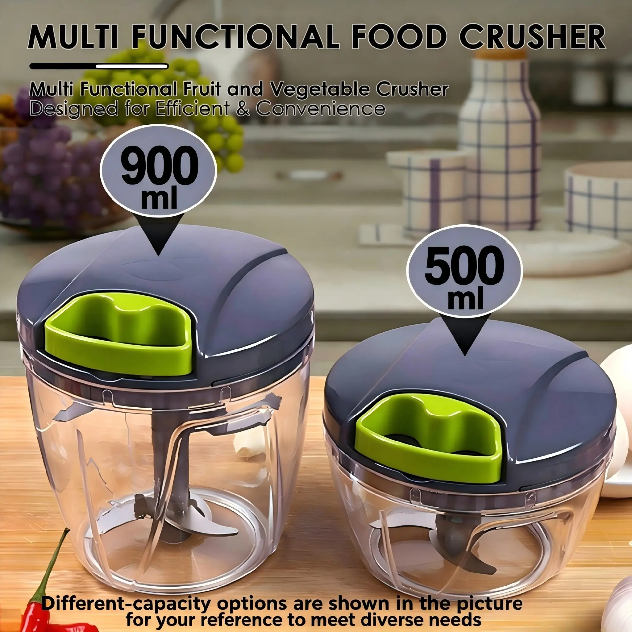 Multifunctional manual food chopper, spice and vanilla grinder, stainless steel blade, ABS plastic container, can be used to mash garlic and minced meat, etc., very suitable for families to chop all kinds of food.No power supply is required.