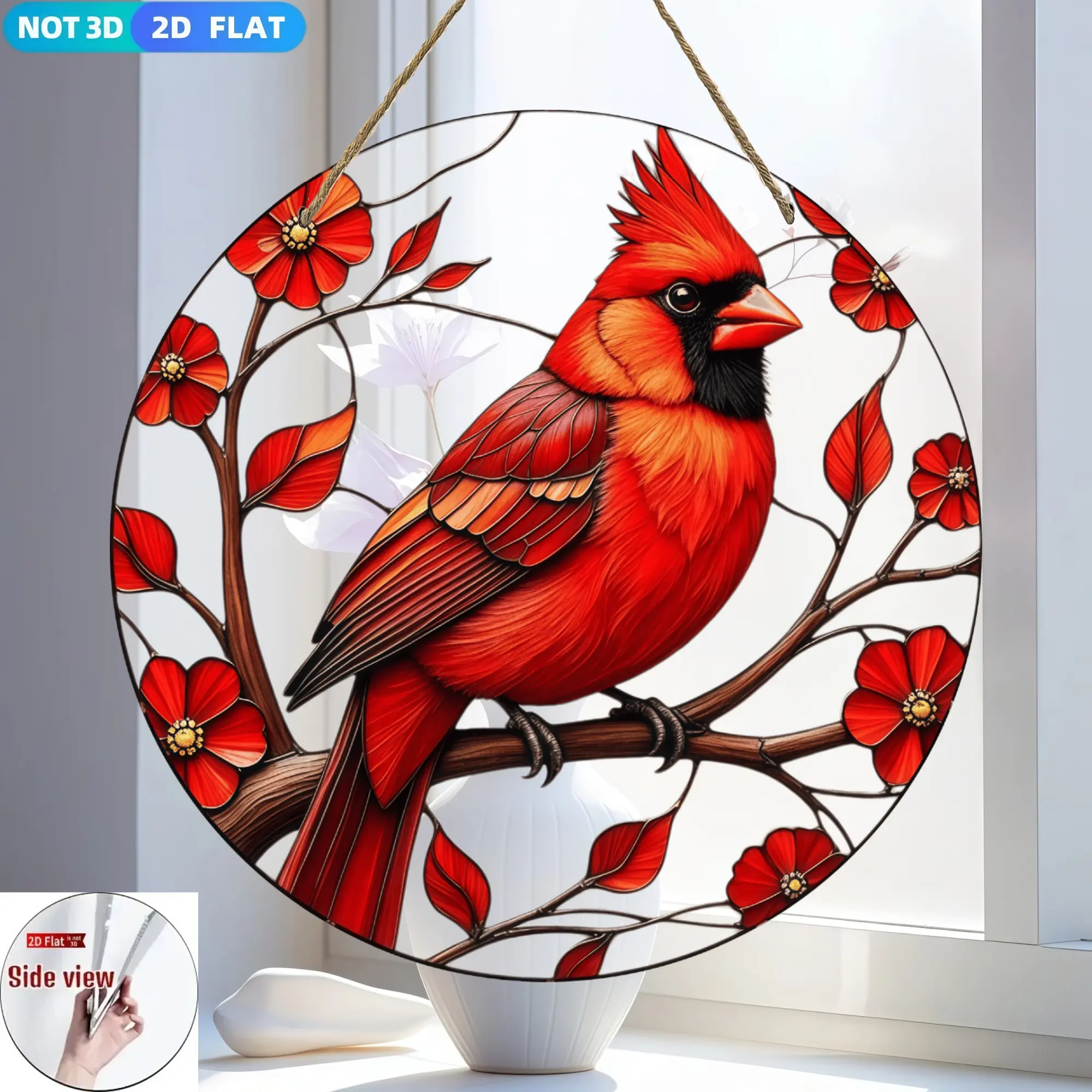 Vibrant Red Hand-Painted Crown Flower Acrylic Glass Sun Catcher - Hanging Window Prism Decoration with Festive Green Floral Art, Sunshine-Capturing Rainbow Reflector, Window Hanging for Indoor, Garden, Christmas Gift
