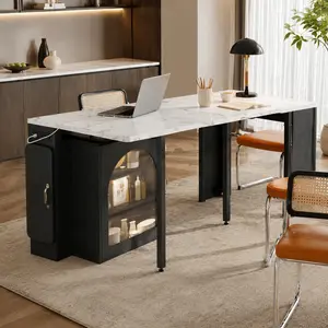 Modern Arched Extendable Dining Table with Storage, LED Lights & Power Outlet, 4-5 Seat, MDF+PB+Steel, 3 Removable Leaves, Rolling Island, Black & Marble White