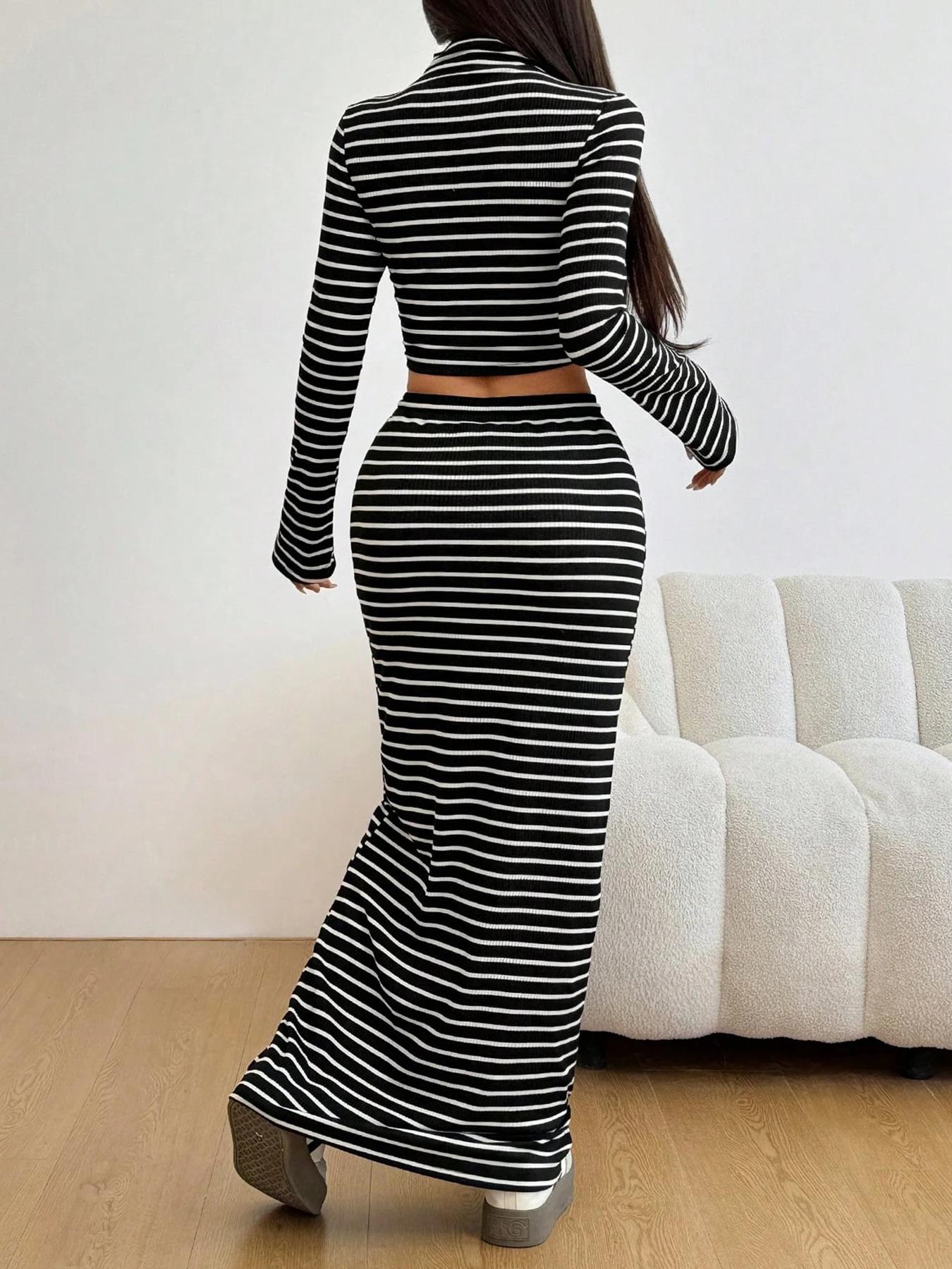 Women's Striped Print Long Sleeve Top & Skirt Two-Piece Set, Elegant Casual Outfits for Daily Outdoor Wear, Women's Clothes for All Seasons, Airport Outfit