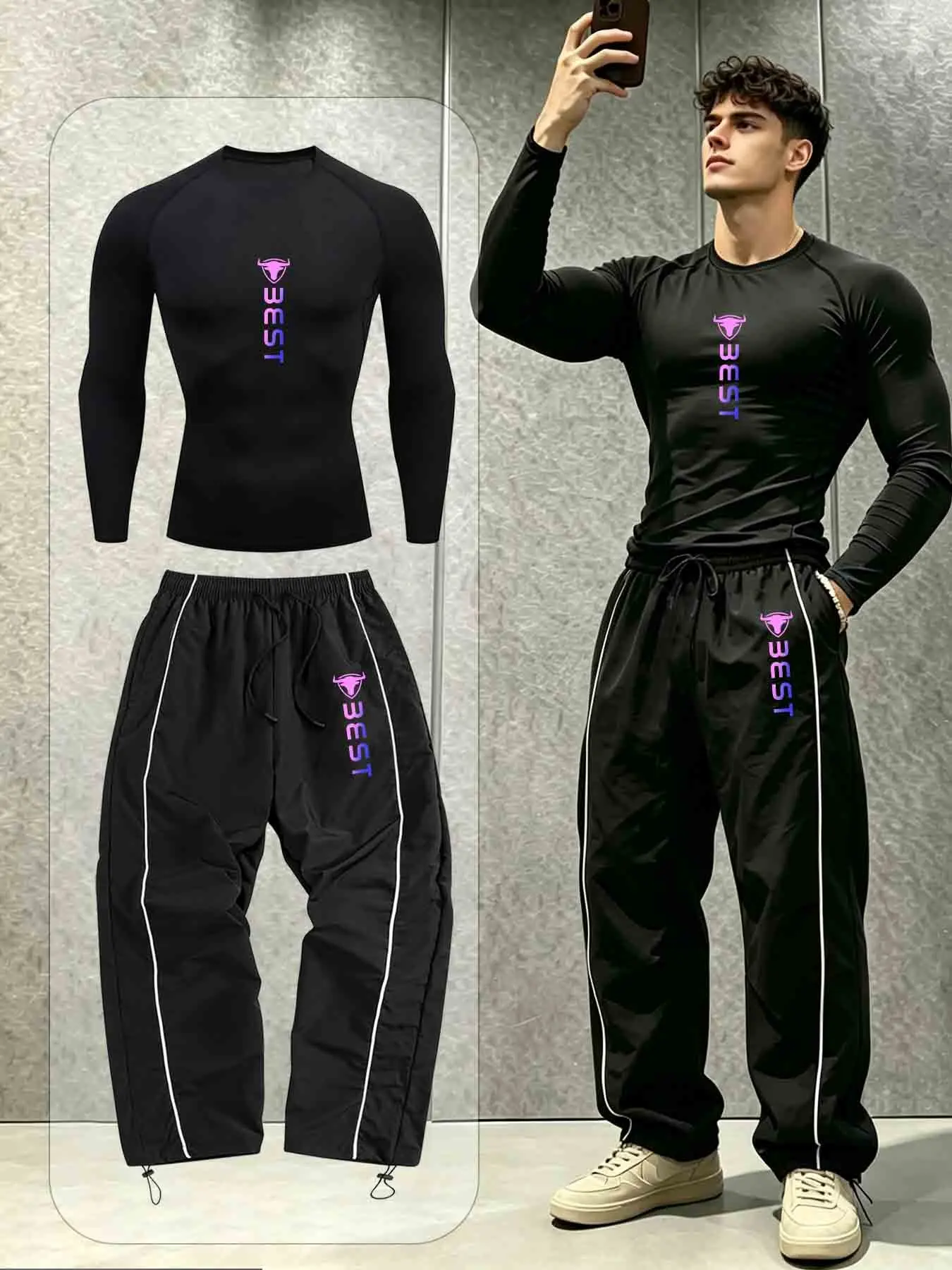 New Fashion Geometric Print Men's Printed Sports Suit, Fitted Top and Loose Bottom, Adjustable Pants, Ideal for Fitness and Running