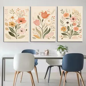Boho Pastel Floral Triptych Canvas Wall Art, Soft Botanical Print, Neutral Watercolor Flower Decor for Living Room Bedroom Nursery Kitchen, Available as Unframed Canvas Poster or Framed Canvas Wrap