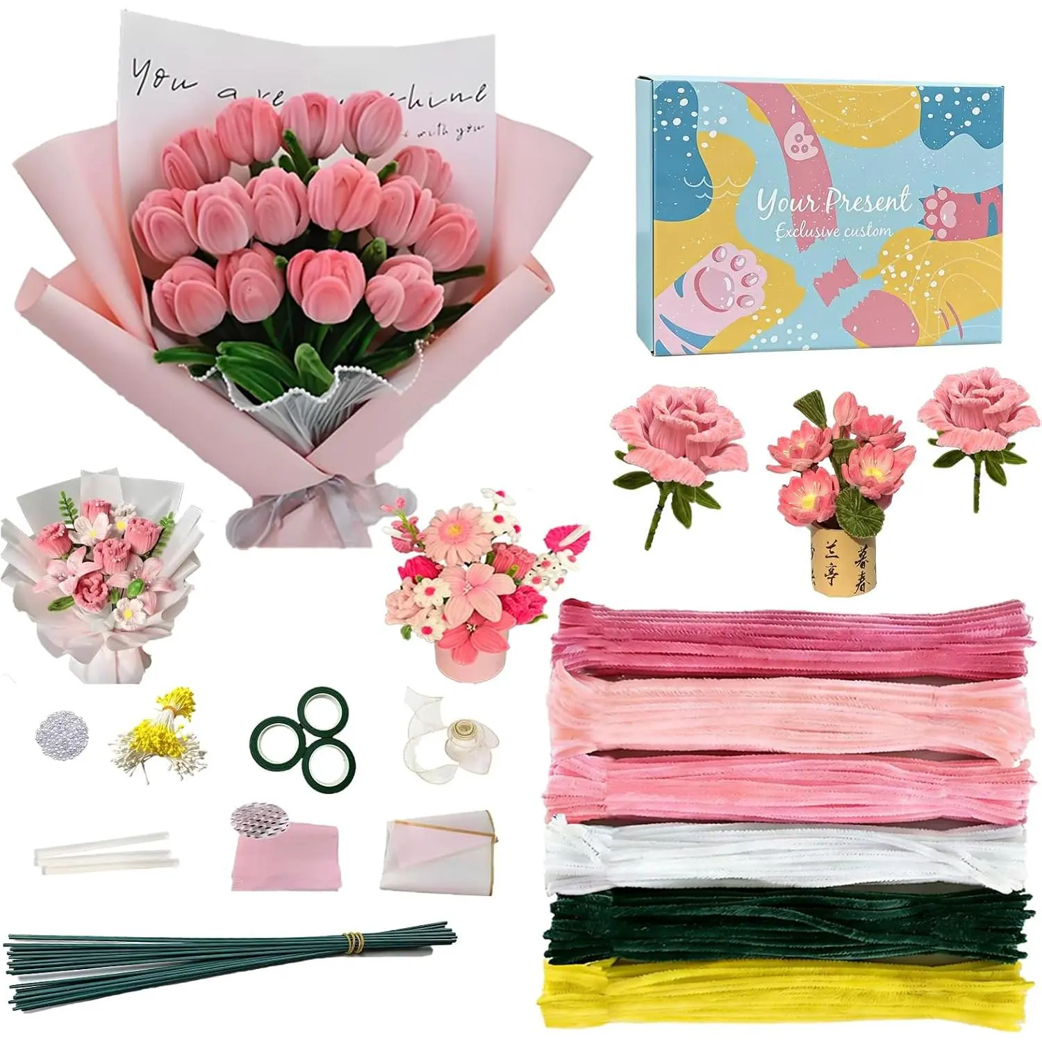 Pipe Cleaners ,  Pipe Cleaners Craft, 500+ Pcs Pipe Cleaner Flower Kit with Wrapping Paper & Floral Tape, DIY  Rose Bouquet Arts and Crafts Supplies for Gifts