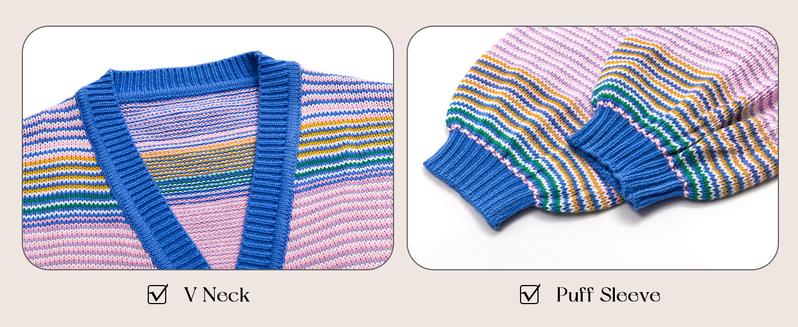 lmily Bela Womens Striped Cardigan Sweaters Oversized Puff Sleeve Button Up V Neck Color Block Knit Sweater Coat