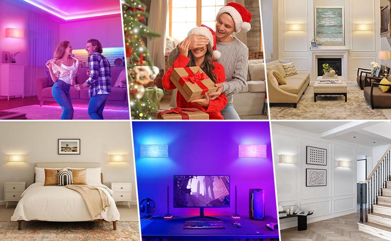 Battery Operated Wall Sconces Set of 2 - Dimmable LED Wall Lights with Remote Control, 15 Color Changeable Wall Mounted Lamps with Fabric Shade, Magnetic LED Wall Light Fixtures for Bedroom Hallway