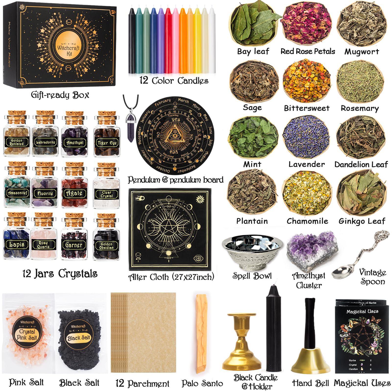 SAGAETR Witchcraft Witch Stuff Spell Kit 54/60/64PCS, Wiccan and Tools, Witchy Include Crystal Candle Amethyst Altar Bowl Witch Bell, Witch Gift Wiccan Starter Kit Altar Pagan Decor