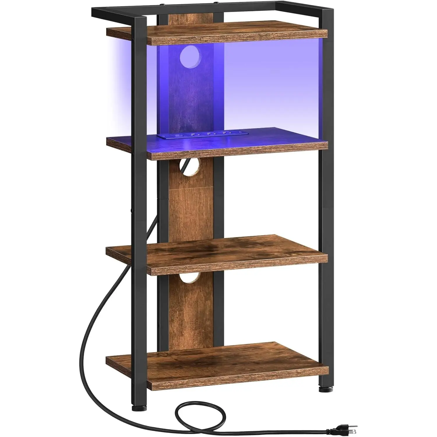 4-Tier AV Media Stand, Media Console with  Station and LED Light, Wooden Stereo Cabinet, Corner TV Stand, Record Player, Entertainment Device Stand, Rustic Brown and Black BF38UDCJ01