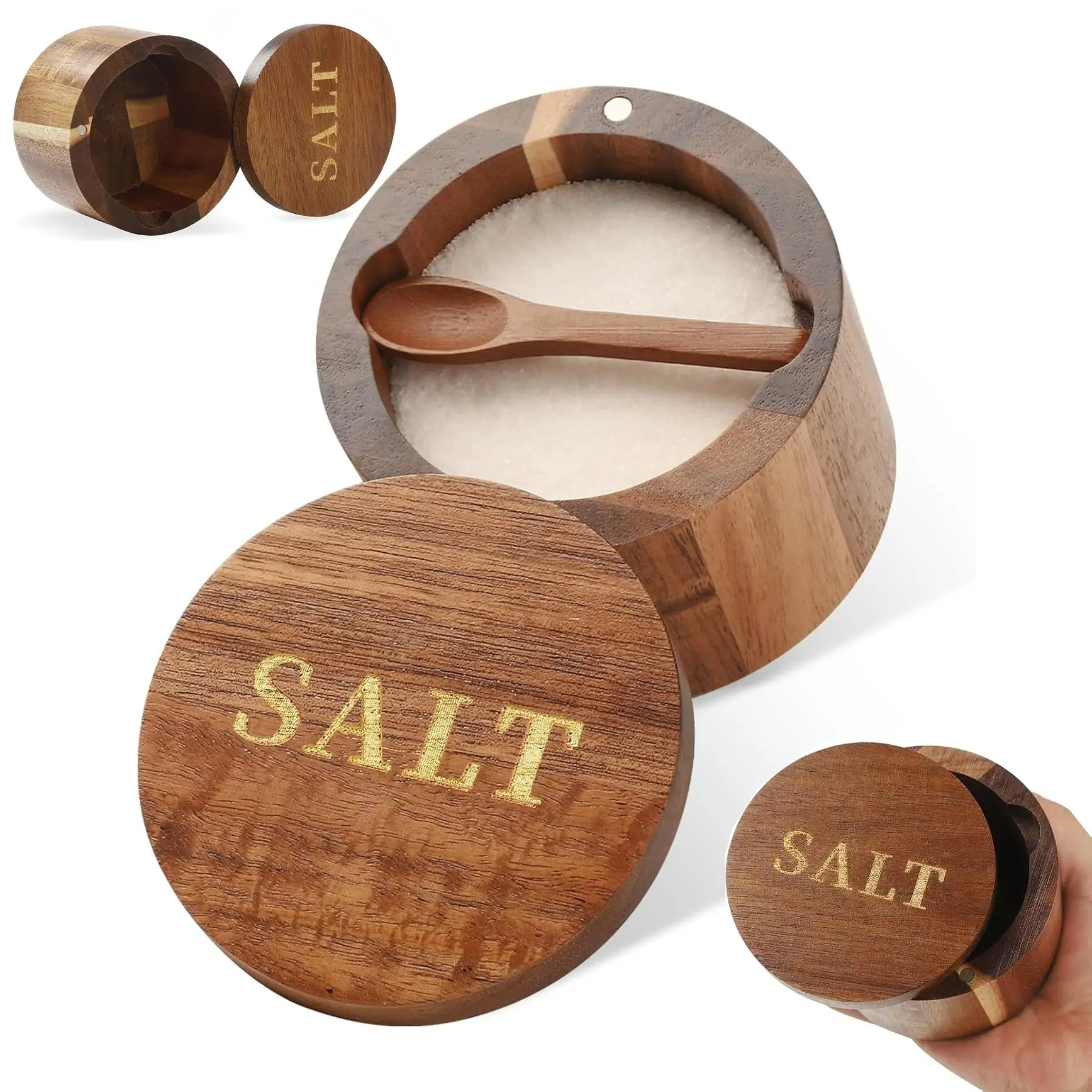Kitchen Storage Jar, Acacia Wood Salt Container, Built In Spoon and Rotating Lid, Carved Salt Box, Countertop Spice Holder