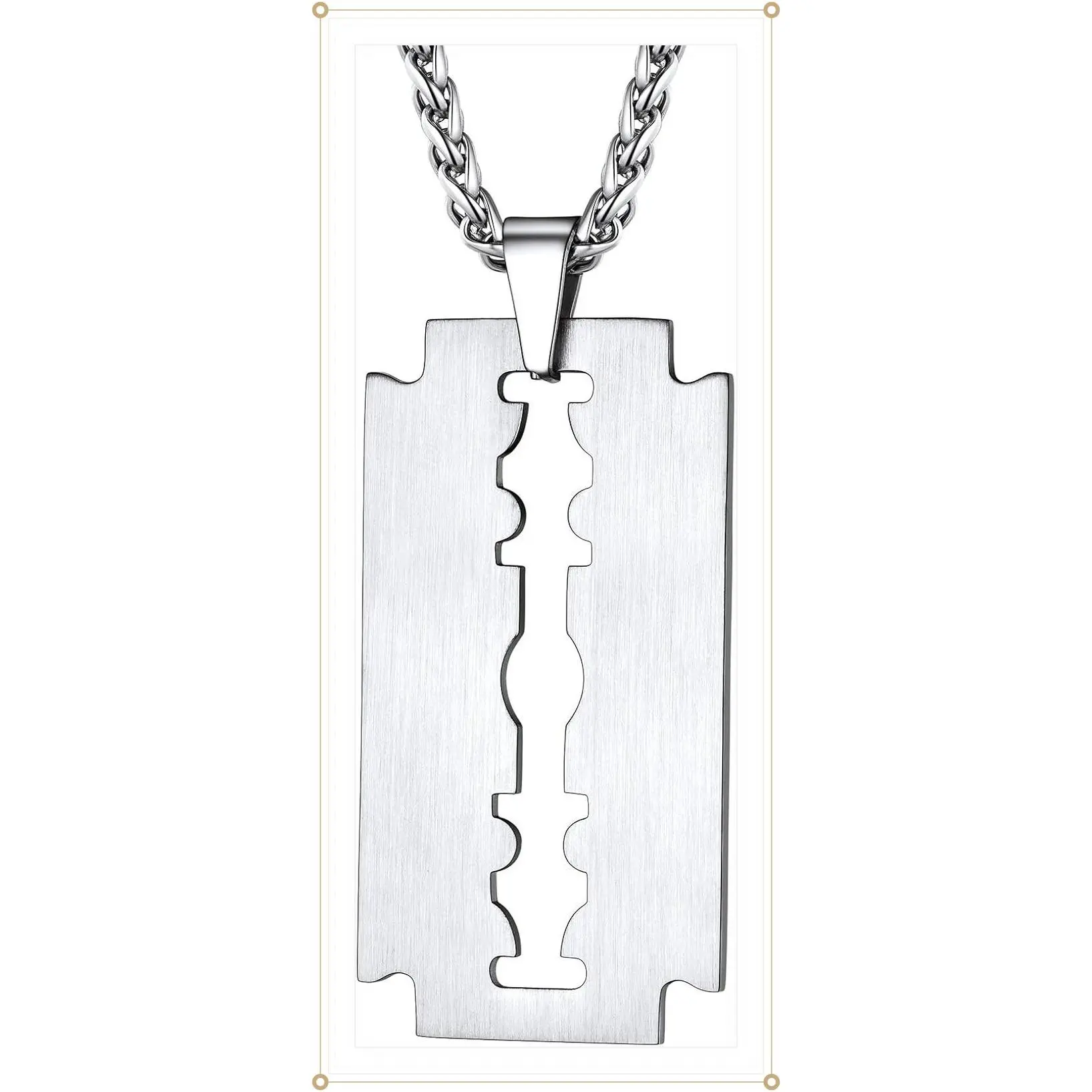 Mens Stainless Steel Razor Blade Model Dog Tag Pendant Hip Hop Necklace, Punk Rock Jewelry, 22inch-24inch Adjustable, Come with BoxGift