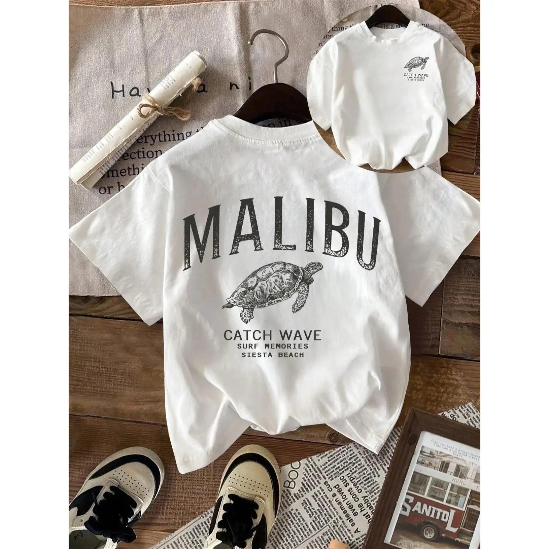 Women's Turtle Print Round Neck Short-Sleeve Loose Sports Top, Vintage Casual Summer  Daily Streetwear Womenswear Tshirt
