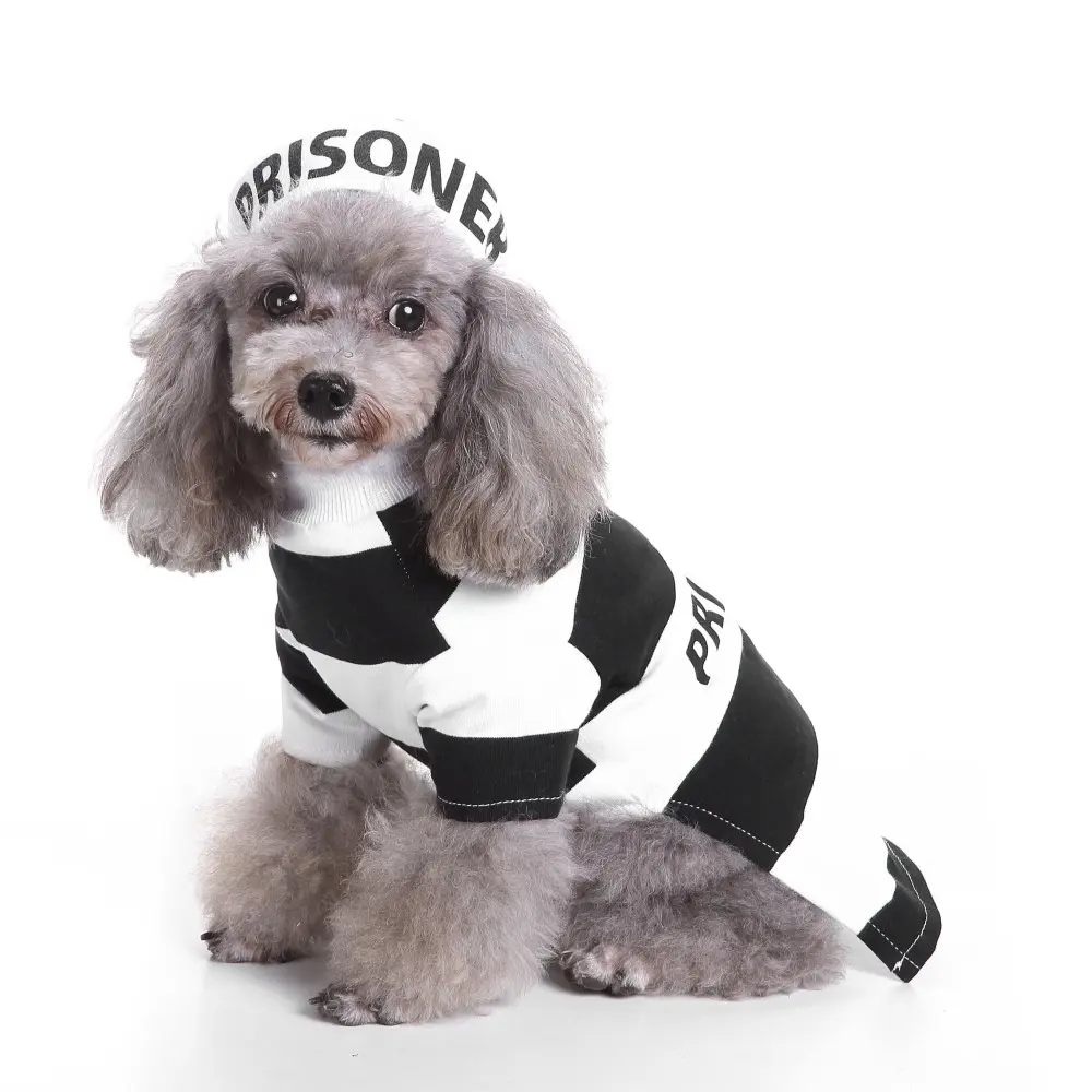 Funny Dog Prisoner Costume, and Striped Puppy Set with Hat, Perfect for Halloween Parties and Pet Photoshoots