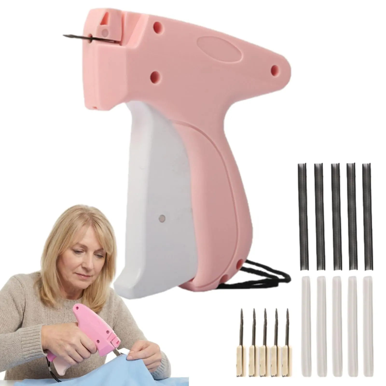 Pink Portable Hemming Stitch Gun Sewing Machine - 125g Lightweight ABS Plastic Multifunctional Handheld Tool for Travel, On-the-Go Work, Beginners and Experienced Sewers, Fast Fixing Kit with 500 Black Fasteners, 500 White Fasteners, 6 Needles