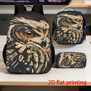 3pcs Owl Art Print Bag Set Matching Backpack Crossbody Bag And Pencil Case for Daily Use And Outdoor Travel