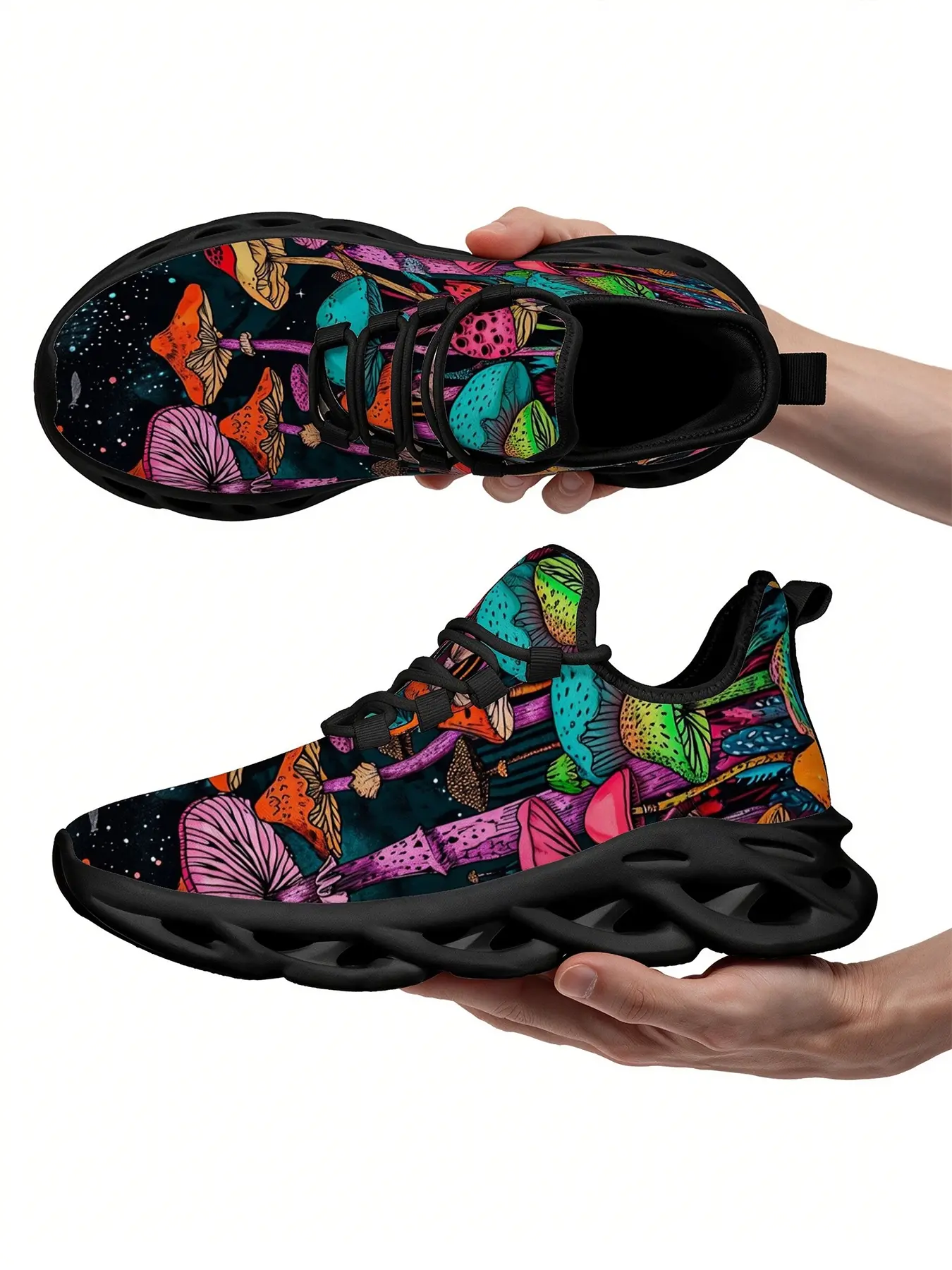 Trippy Psychedelic Aesthetic Colorful Magic Mushroom Dark Starry Night Sky Botanical Pattern Chunky Sneakers for Men Women, Vibrant Fantasy All Over Print Mesh Shoes, Soft Non Slip Fashion Footwear for Festival Daily Street Casual Outfits