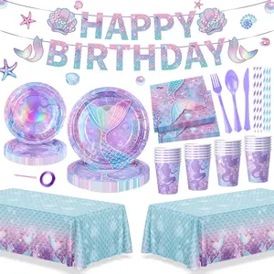 195Pcs Mermaid Birthday Party Decorations with Happy Birthday Banner Tablecloth, Mermaid Themed Party Supplies with Plates Cups Napkins Straws Cutlery, Purple Blue Disposable Tableware for 24 Guests