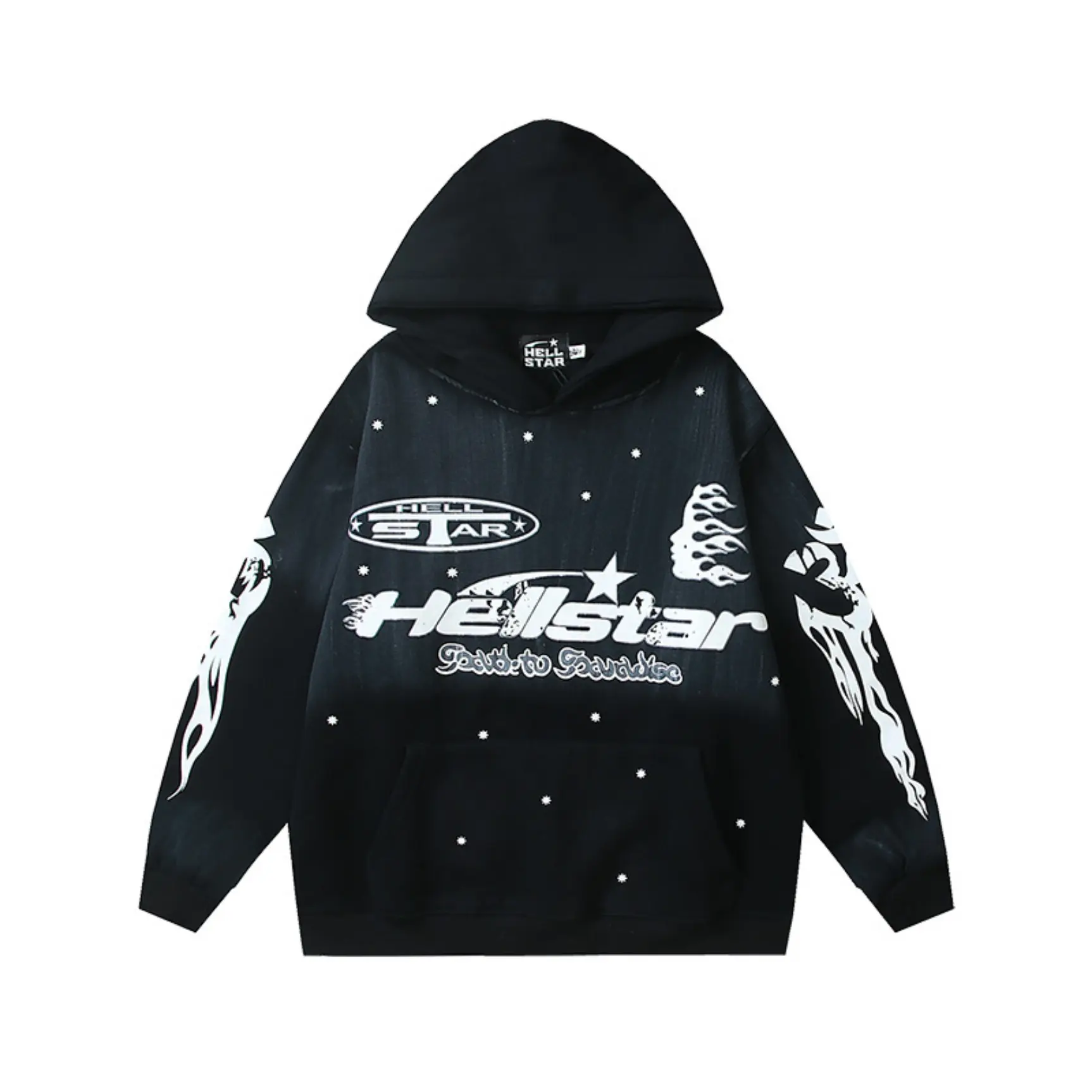 HELLSTAR Path to Paradise Star Flame Graphic Pullover Hoodie Black 100% Heavyweight Cotton Retro Graphic Menswear Fall Outfit Oversized Drop Shoulder Alternative Streetwear Y2K Vintage Wash Fleece Sweatshirt Casual Top