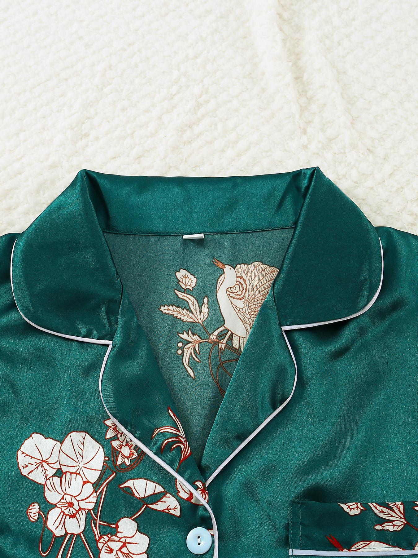 【Plus Size】 Two-Piece Set All Over Print Button Front Shirt & Pants Satin Pyjama Set, Casual Comfy Long Sleeve Top & Trousers PJ Set, Women's Sleepwear for Spring & Fall