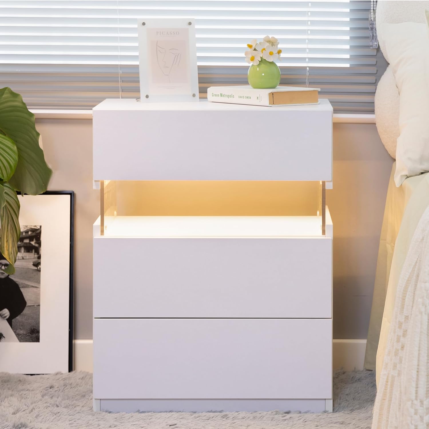 [Bellemave]LED Nightstands 3 Drawer Dresser for Bedroom End Table with Acrylic Board LED Bedside Tables for Bedroom Living Room Bedside Furniture (White)